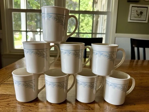 Set of 8 Corelle Corning BLUE LILY Coffee Tea Mugs Cups Floral 8 oz Sandstone