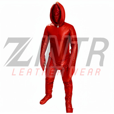 Red Leather Full Body Bondage Catsuit Restraint Leather Lined