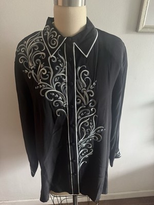 NWT Bob Mackie Silk Blouse Button Up Size 1X Black, L Blue Scrollwork Embroidery