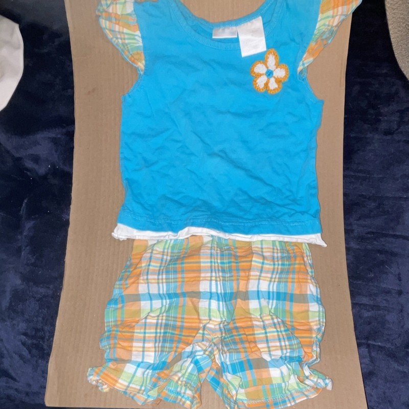 Connection Girls 3T 2pc Knit Cotton Outfit: Flower Top & Plaid Shorts
