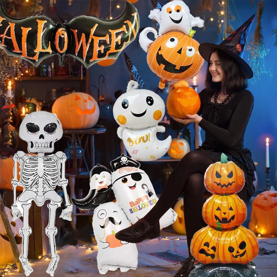 Juego de decoración de fiesta con globo de aluminio de Halloween con esqueleto de calabaza fantasma blanco Foto 2 de 4