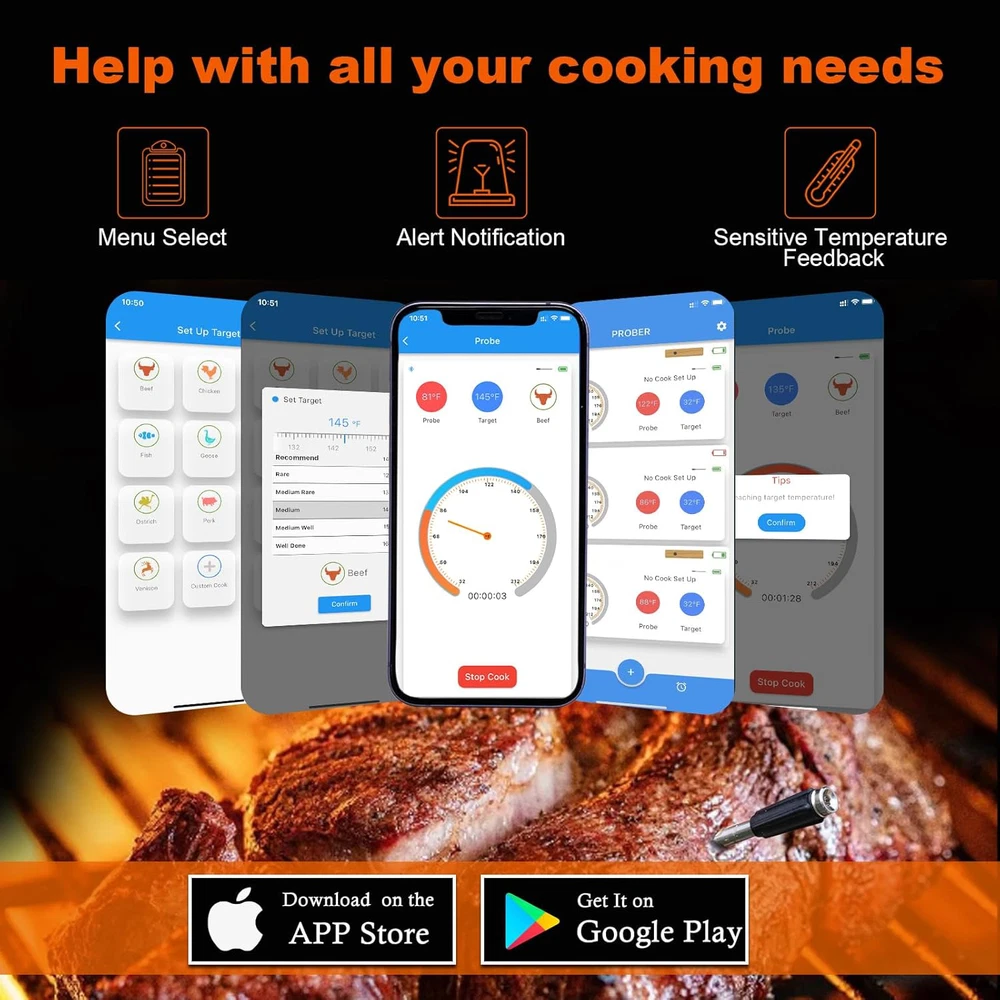 Wireless Meat Thermometer with 2 Thinner Probes for Grilling and Smoking, Smart