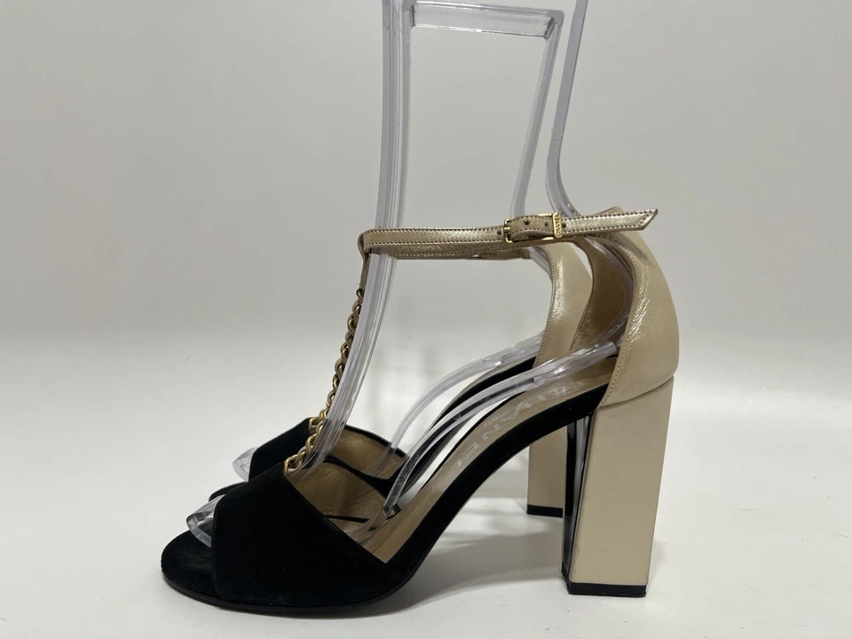 De Colección Chanel Negro Gamuza Beige Cuero Cadena Tacones 36 Foto 3 de 4
