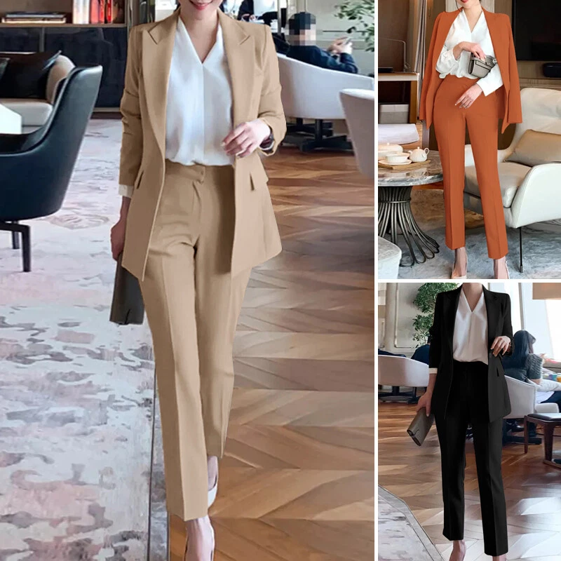 Women Wide Leg Trousers Blazer And Pants Suit Set Ladies Regular Fit Solid  Color