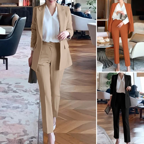 Women Wide Leg Trousers Blazer And Pants Suit Set Ladies Regular Fit Solid Color - Picture 3 of 18