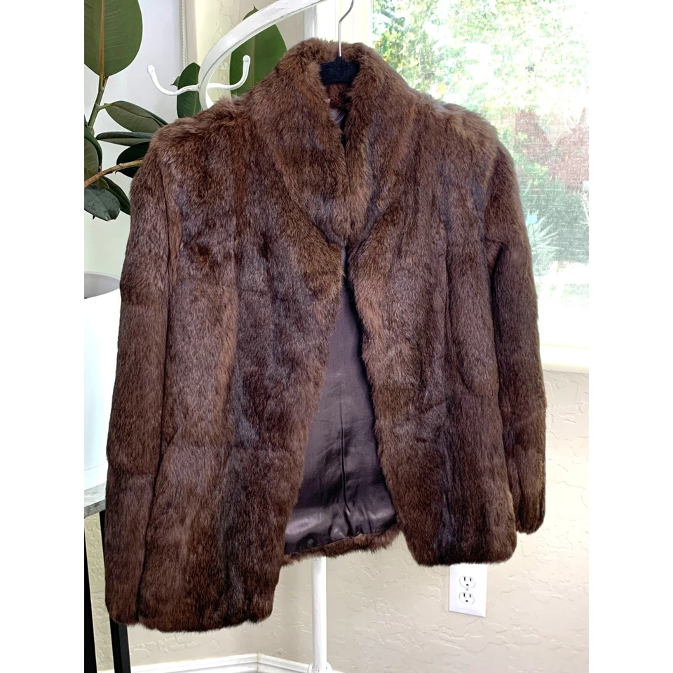 Genuine Vintage Rabbit Fur Brown Size S 6 Stand Collar Satin Lined Pockets 7019 - Image 2 of 4