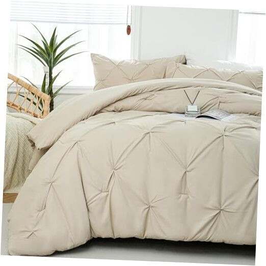 Comforter Set - 3 Pieces Cute Pinch Pleat Bed Set, Soft Fluffy Queen Beige-image