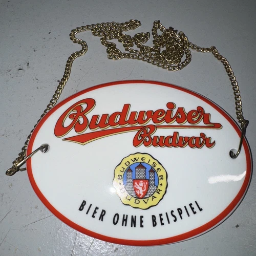 Vintage Budweiser Imported Hanging Beer Tap Sign Stand With Chain Ceramic German
