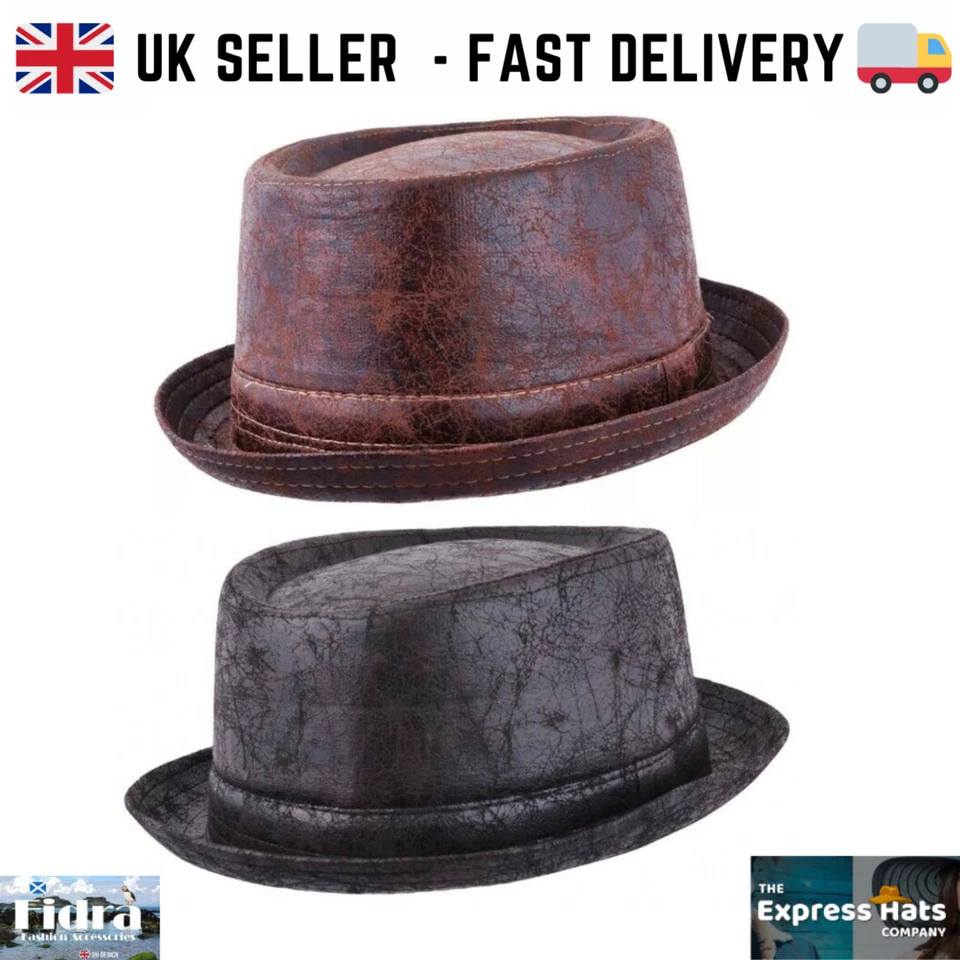 Maz Unisex Vintage Cracked Leather Look Pork Pie Hat in 2 Colours and 2 Sizes