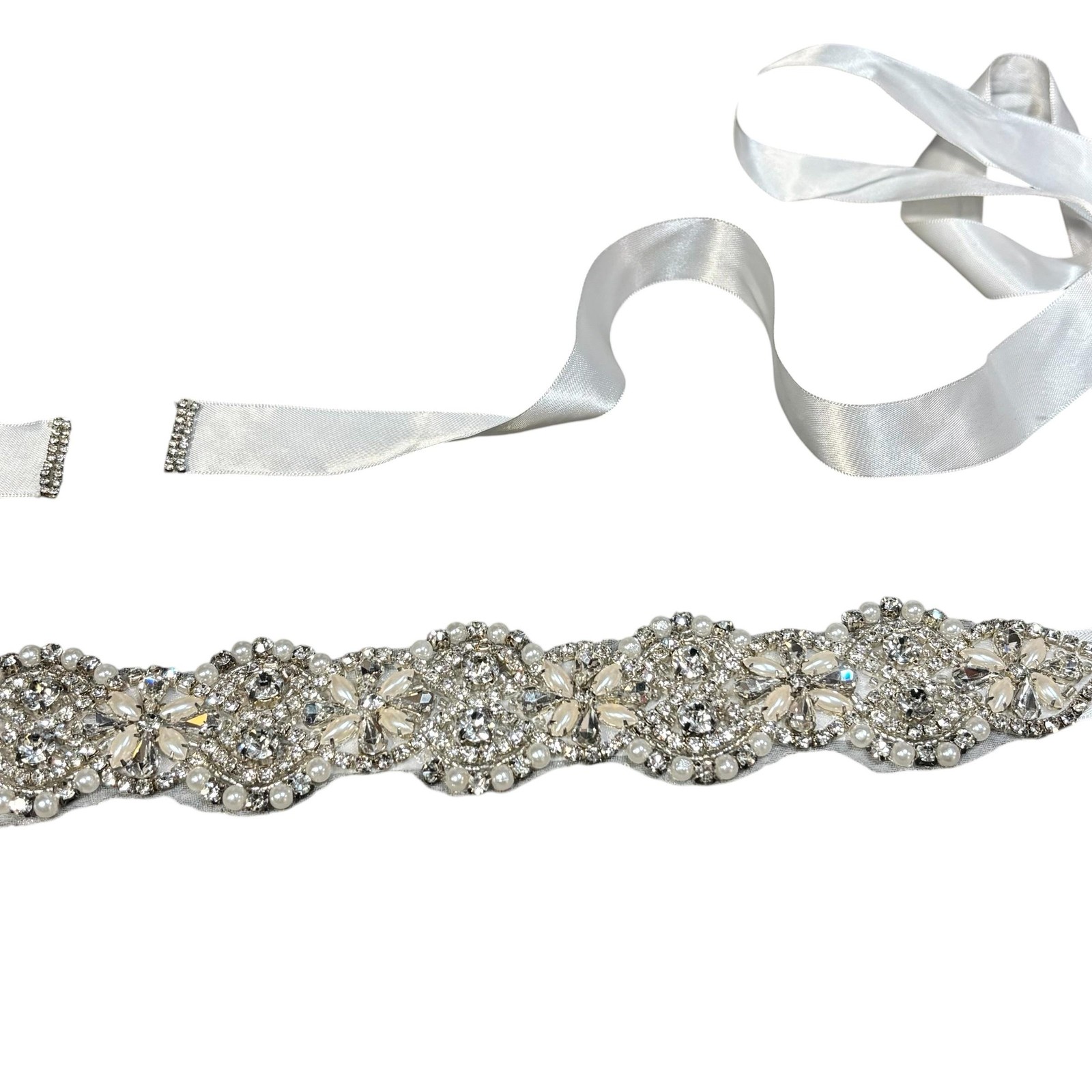 Bridal Wedding Sash Belt Womens One Size White Satin Rhinestone Pearl Beaded