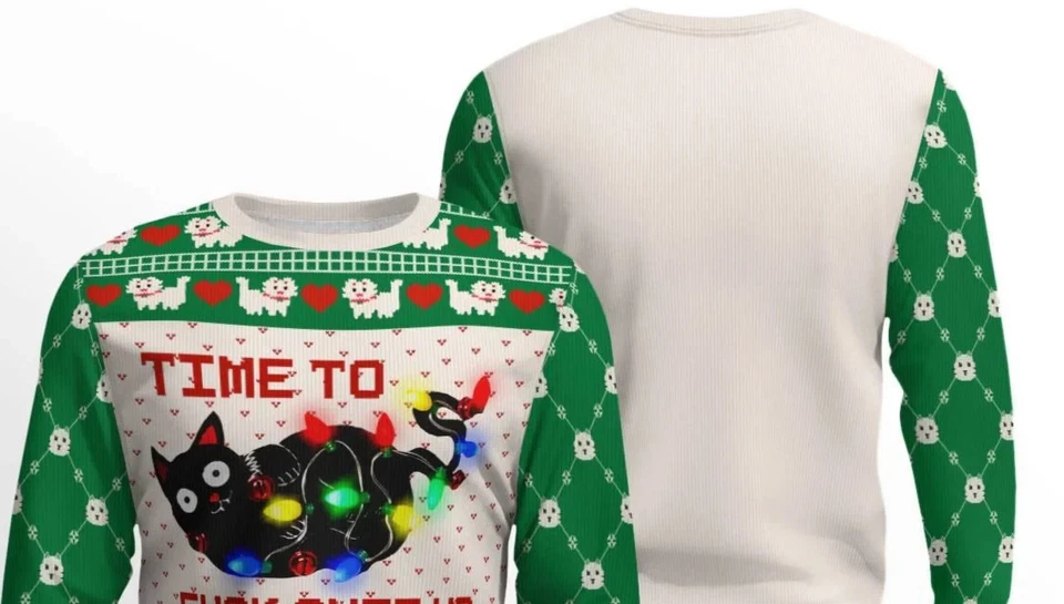 ¡LUZ Y SONIDO PARA GATOS!... TIME TO F#CK S#IT UP FEO NAVIDAD SUÉTER ADULTO GRANDE Foto 2 de 4