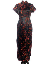 Cheongsam Qipao Black Red Brocade Long Fitted Dress L Mandarin Collar Side Slits