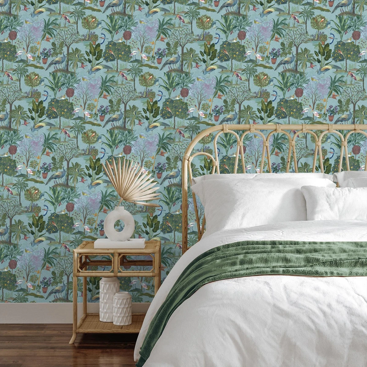 Papel pintado azul verdoso paraíso jardín árboles flores aves verde selva WOW177