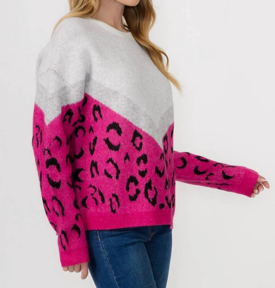 Suéter Adora Audaz y Acogedor Bloque de Color Leopardo Rosa Caliente