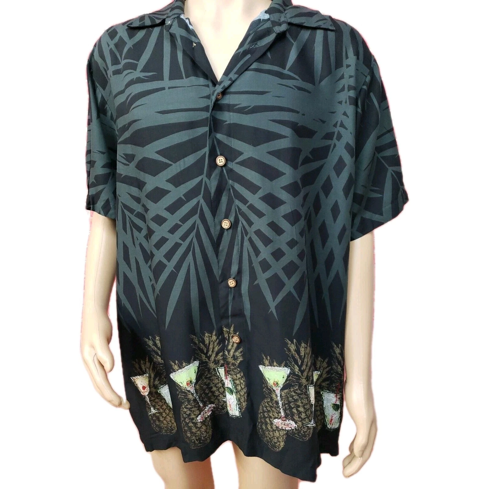 M.E. Sport Men's Shirt Sz XL Rayon Button Up Short Sleeves Casual GREEN BLACK #C