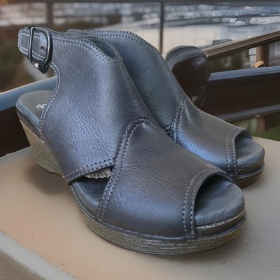 DANSKO VANDA BLACK LEATHER SANDALS SIZE Eu 38 7.5-8 M WEDGE ANKLE STRAP OPEN TOE
