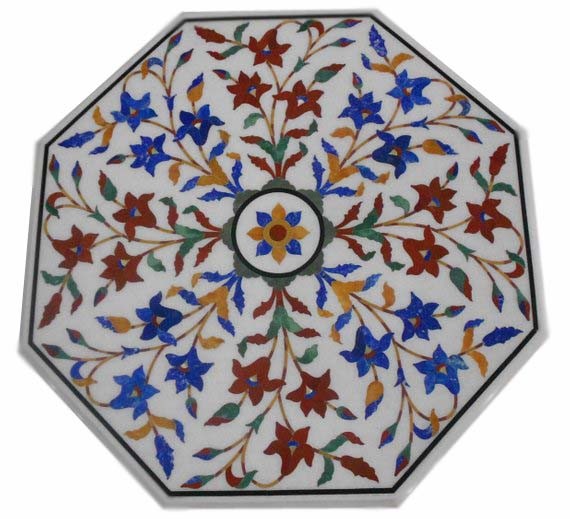 24-inch Marble Coffee Table with Lapis Semi-Precious Stone Inlay Handcrafted Decor