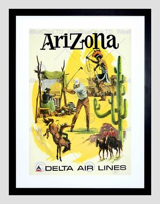 TRAVEL DELTA ARIZONA NATIVE AMERICAN CACTUS GOLF VINTAGE FRAMED PRINT B12X2943