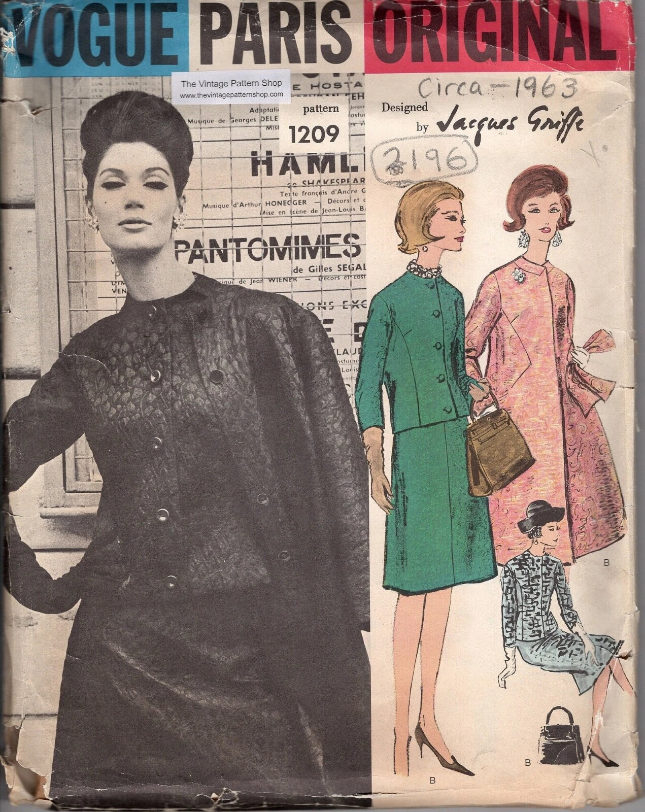 1963 Vintage Vogue Sewing Pattern B32 Suit Coat Dress Scarf (2196) By Griffles