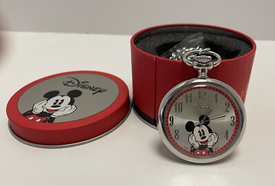 Mickey Mouse Silver Tone Pocket Watch Special 80 Year Edition Red
