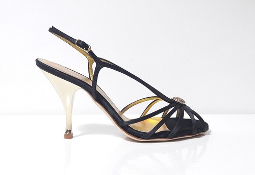 SANDALI SCARPE DONNA MARTINI OSVALDO 7063 TESSUTO CREPE NERO ORO TACCO  ITALY | eBay