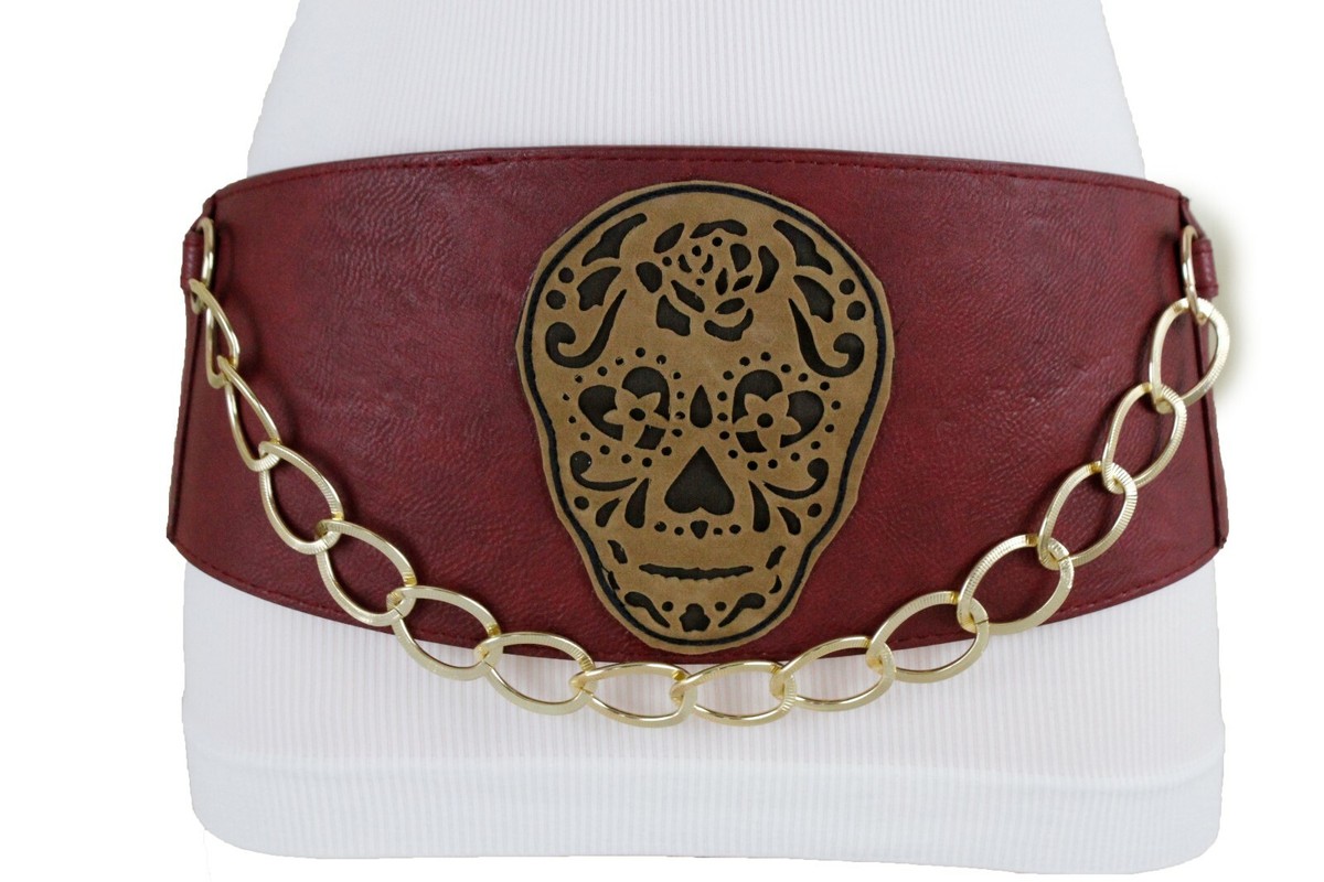 Women Elastic Red Faux Leather Western Fashion Belt Gold  display picture 3
