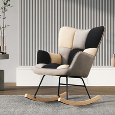 Modern Patchwork Rocking Chair Upholstered Fabric Leisure Armchair with Wood Leg