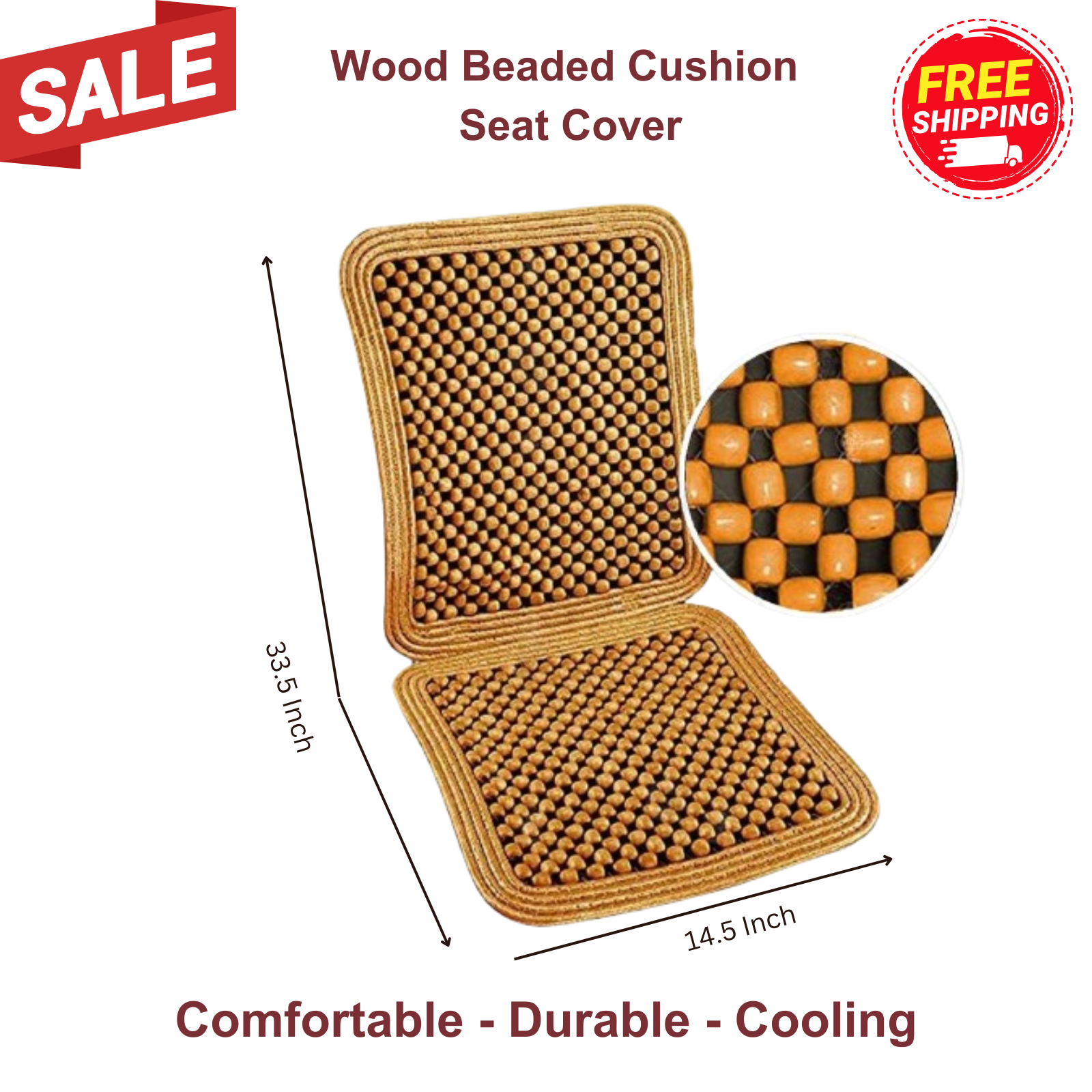 Natural Wood Beaded Car Seat Cushion - Massage Comfort & Cooling Airflow Cover