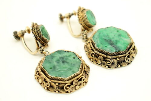 FINE ANTIQUE CHINESE SILVER FILIGREE GOLD VERMEIL CARVED JADE SCREW BACK EARRING - Picture 1 of 9