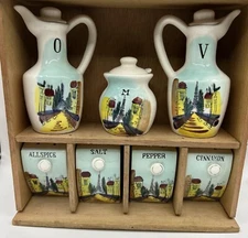 Vintage Oil Vinager Salt Pepper Allspice Cinnamon with shelf