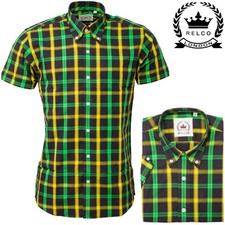 Relco Mens Black Green Yellow Jamaican Button Down Ska Check Short Sleeve Shirt