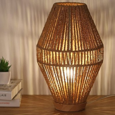 Boho Table Lamps for Bedroom & Living Room - Small Natural Woven Basket Lante...