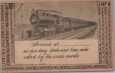Antique c1910 Railroad Train Arrival Time Card Simplicity Co Locomotive Postcard