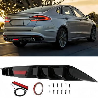 For Ford Fusion 2013-2020 Glossy Black Rear Bumper Diffuser Lip w/ LED Light