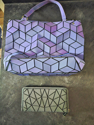 Purple Iridescent Geometric Prism Top Handle Handbag Purse w/ Wristlet Wallet