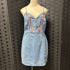 Guess Womens XL Denim Mini Dress Light Wash Floral Embroidered Lace Up Y2K Boho