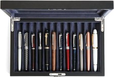 Wooden Pen Display Case 12 Slot Lockable Fountain Pen Storage Box, Black Col