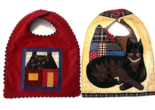 Vtg Handmade Quilt Embroidered Farm House Cat Reversible Baby Toddler Bib