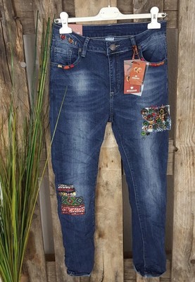 Boyfriend Jeans Stretch Patch Stickerei Denim Blau 48 Baggy Hose Stonewashed