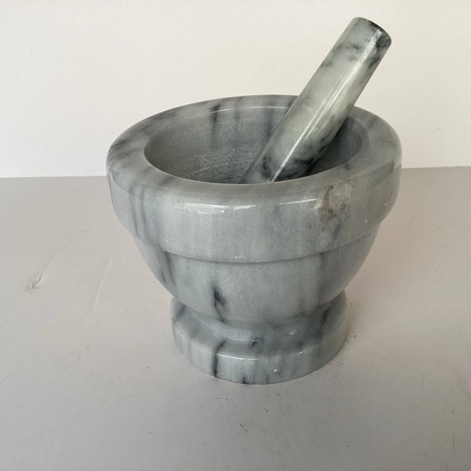 Antique Off White Marble Mortar Bowl & Pestle Italy Hand Carved 1900-1930