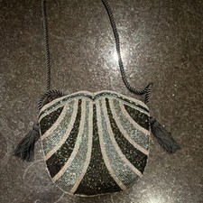 Art Deco Beaded Shoulder Bag Black Silver Evening Formal with Tassel