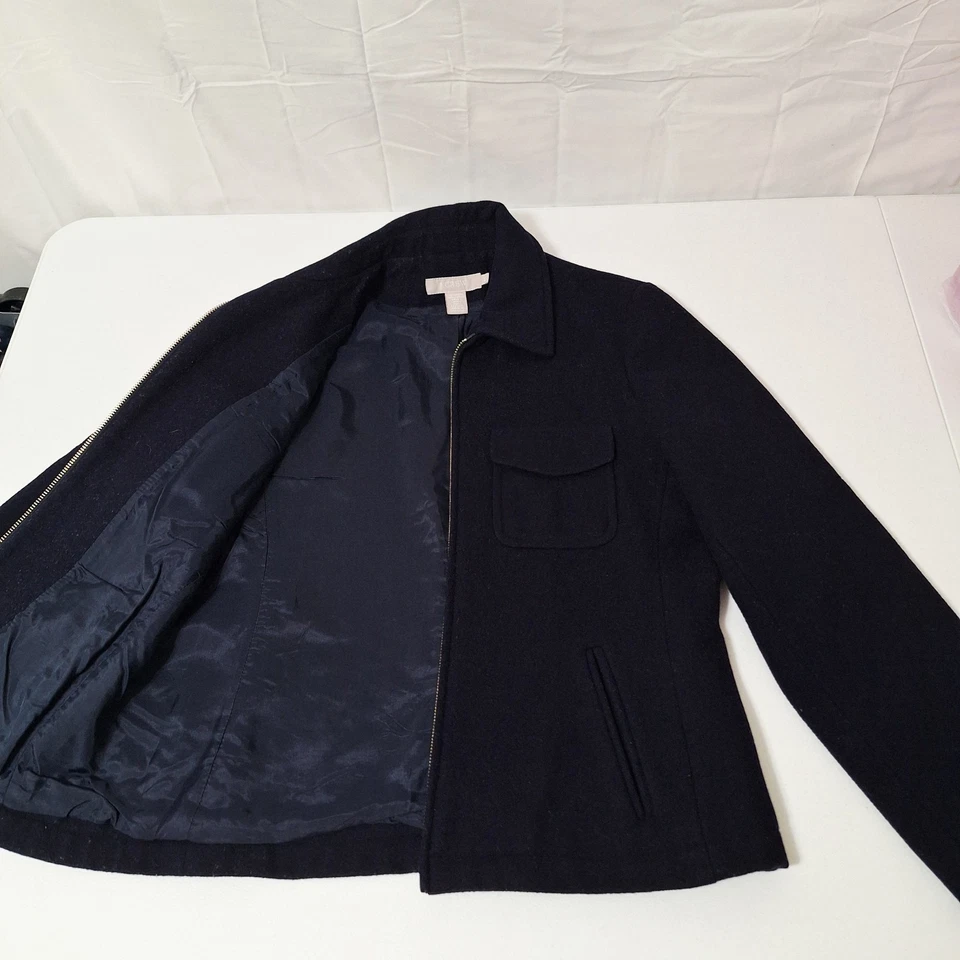 Vintage J. Chaqueta Crew Mezcla Lana Cremallera Completa Azul Negro Abrigo Mujer Pequeño Foto 3 de 4