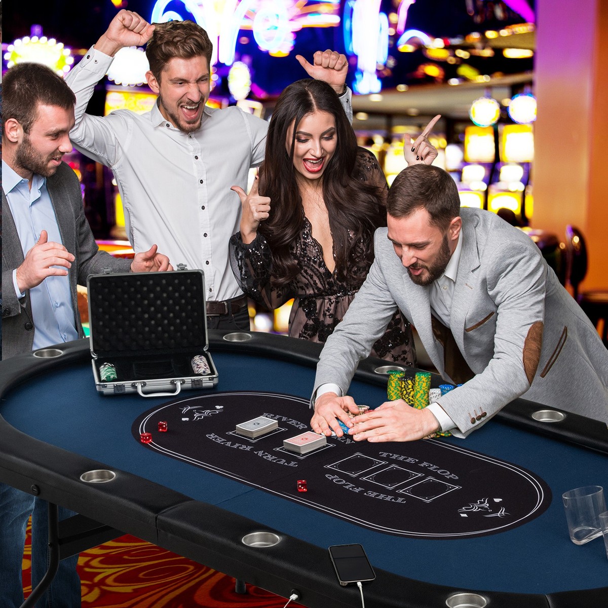 Foldable 10 Player Poker Table Casino Texas Holdem W/ LED