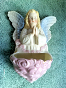 VTG Antique Bisque Angel HOLY WATER FONT Made in Germany "Mint Beauty" Gold Trim