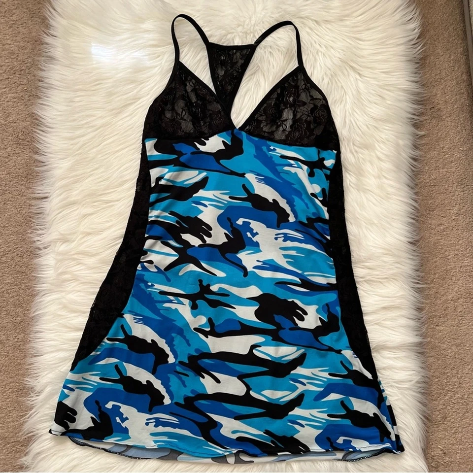 Vestido Babydoll Slip Lingerie de Renda Transparente Camuflado Azul Virgem Grande - Imagem 2 de 4