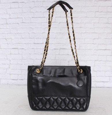 Authentic CHANEL Black Lambskin Quilted  Chain  Shoulder Tote Bag  - Medium 