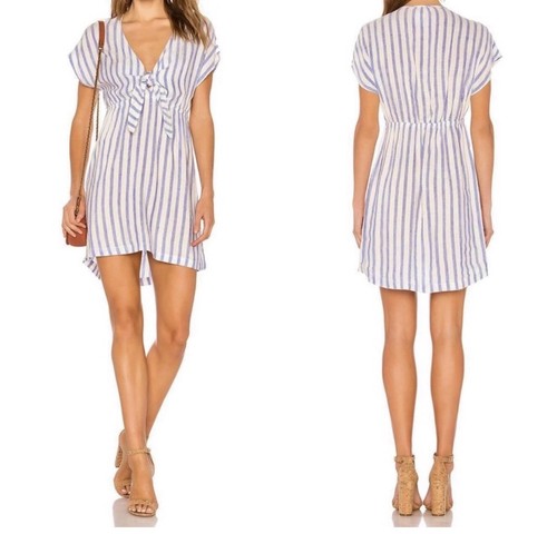 Rails Charlotte Blue and White Striped Tie-Front Linen-Blend Dress Size L
