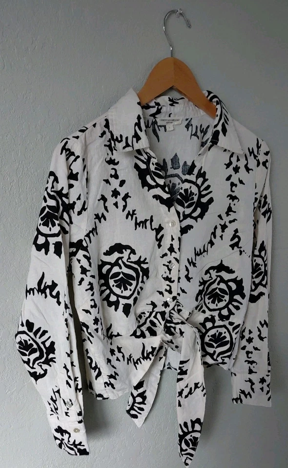 Christian Siriano Mujer Talla Grande Estampado Blanco y Negro Lino Corbata Detalle Frontal Foto 2 de 4