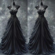 Customized  Black Gothic Wedding Dresses Pleated Lace Appliques VNeck Sleeveless