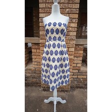 J Crew Navy Cream Embroidered Cotton Strapless Dress 6